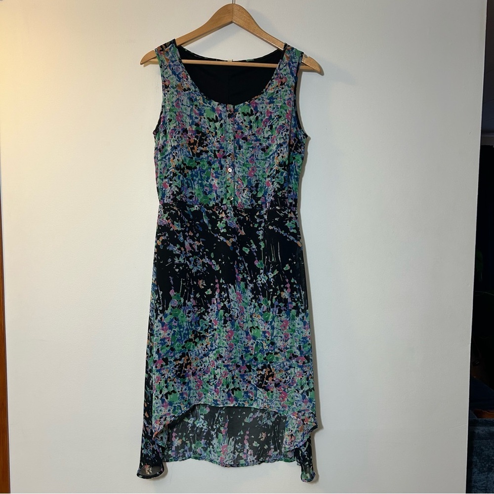 ASH NEW YORK | Black High-Low Midi Dress with Multi-Colour Floral Design Size 42